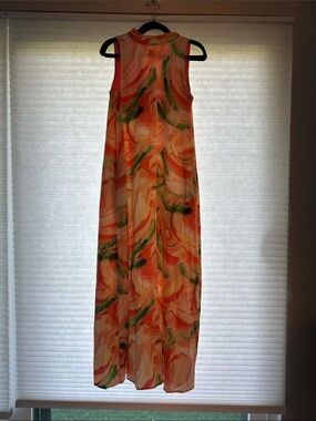 Nicole Miller Sleeveless Maxi Dress in Coral and Green Abstract Print